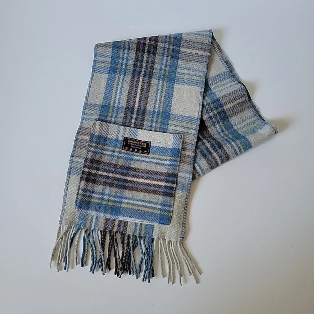 Patrick King Fringed Wool Scarf Plaid Flannel Pockets Academia Classic Preppy‎